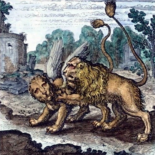 León sin plumas y leona alada.