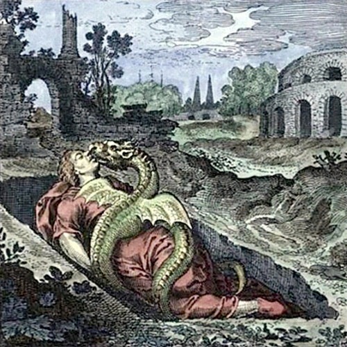 Dragón y mujer bañados en sangre.