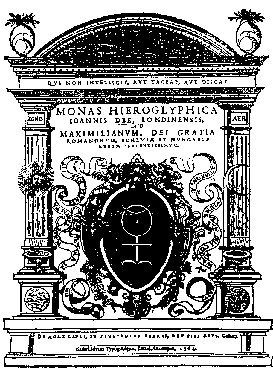 Portada arquitectónica de la Monas Hieroglyphica (Amberes, 1564), con el glifo en el óvalo central.