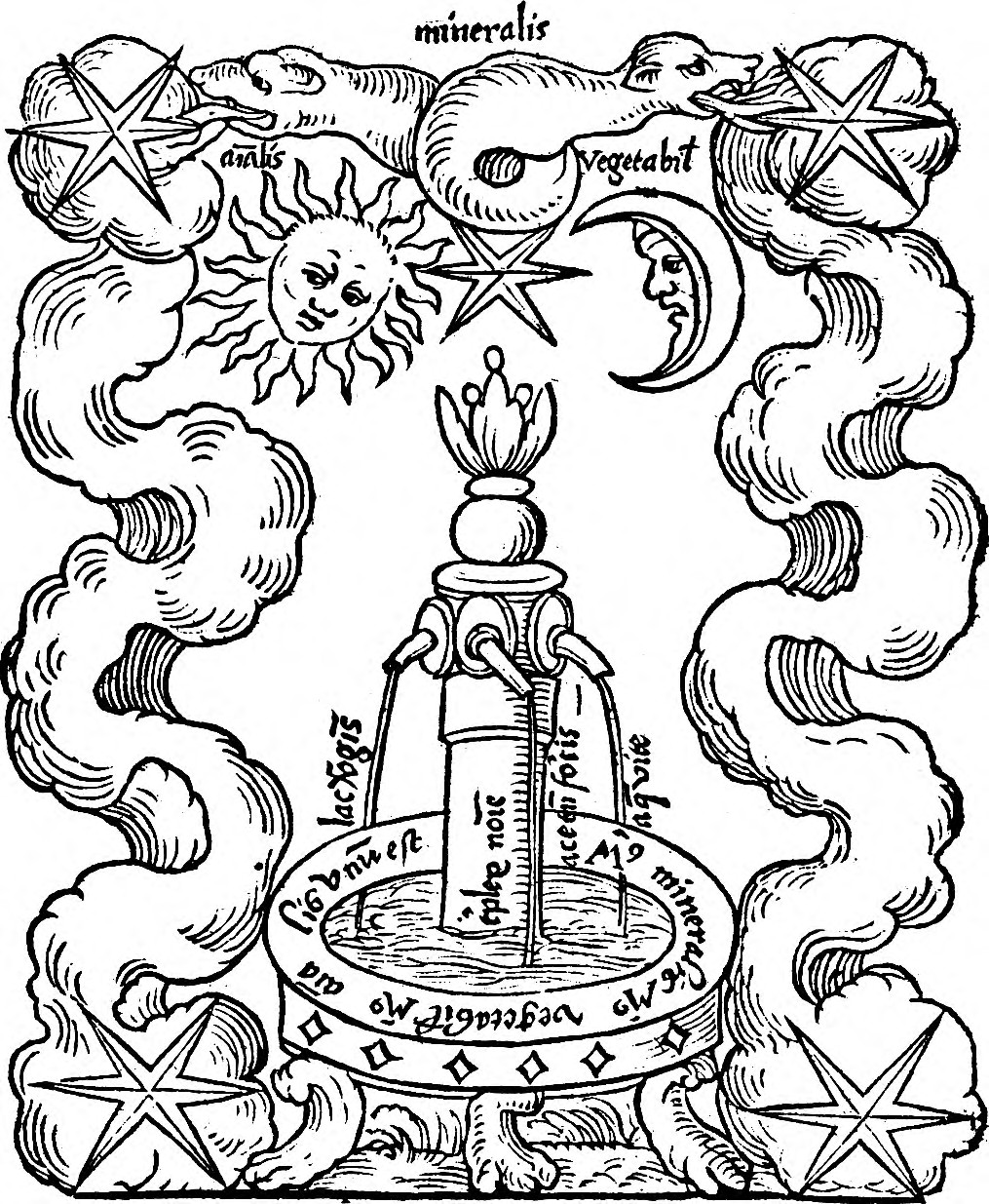 La fuente mercurial de tres caños (lac virginis, acetum fontis, aqua vitae) bajo el sol, la luna y las estrellas de seis puntas, entre serpientes bicéfalas y los rótulos animalis-mineralis-vegetabilis.