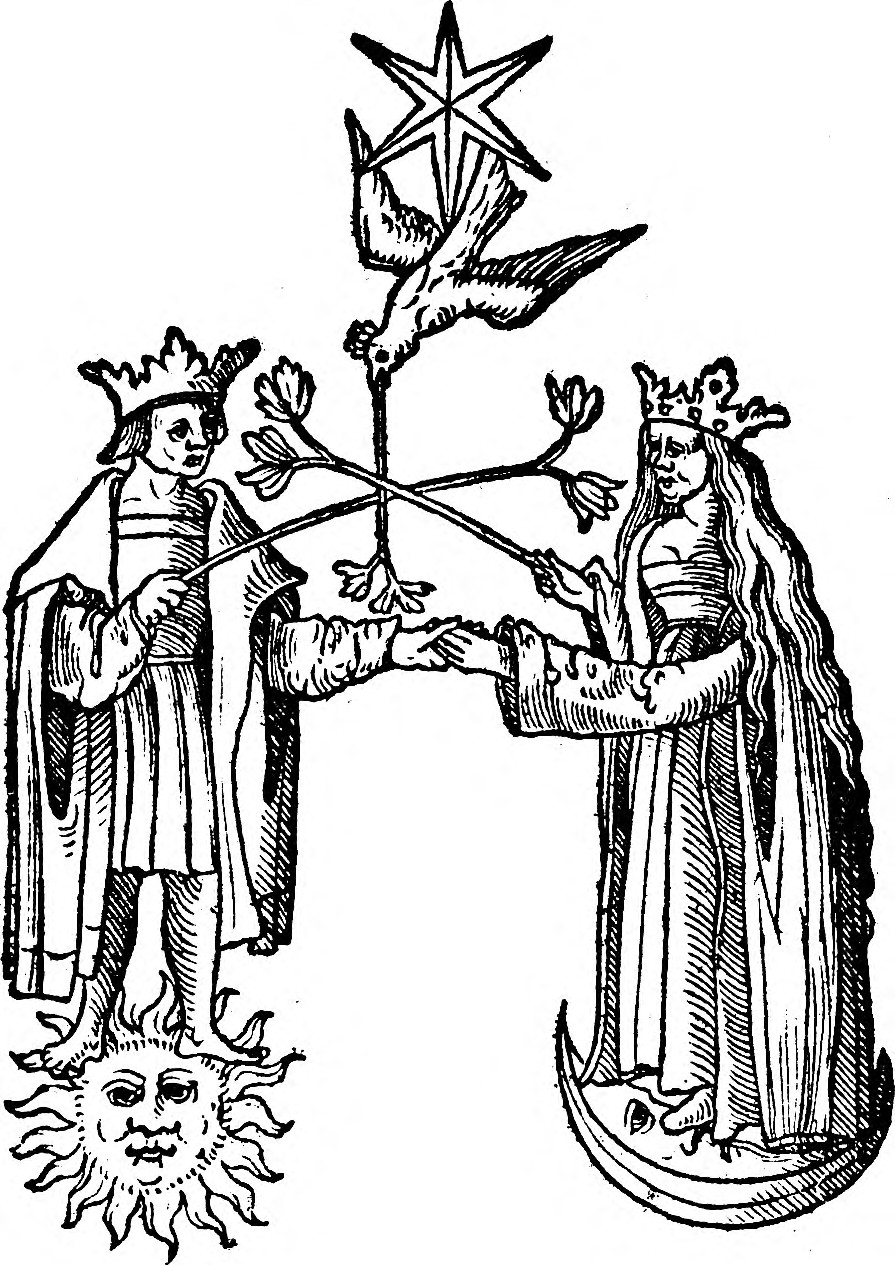 El rey y la reina vestidos se dan la mano izquierda bajo la paloma que desciende de la estrella; él sobre el sol, ella sobre la luna, las flores cruzadas.