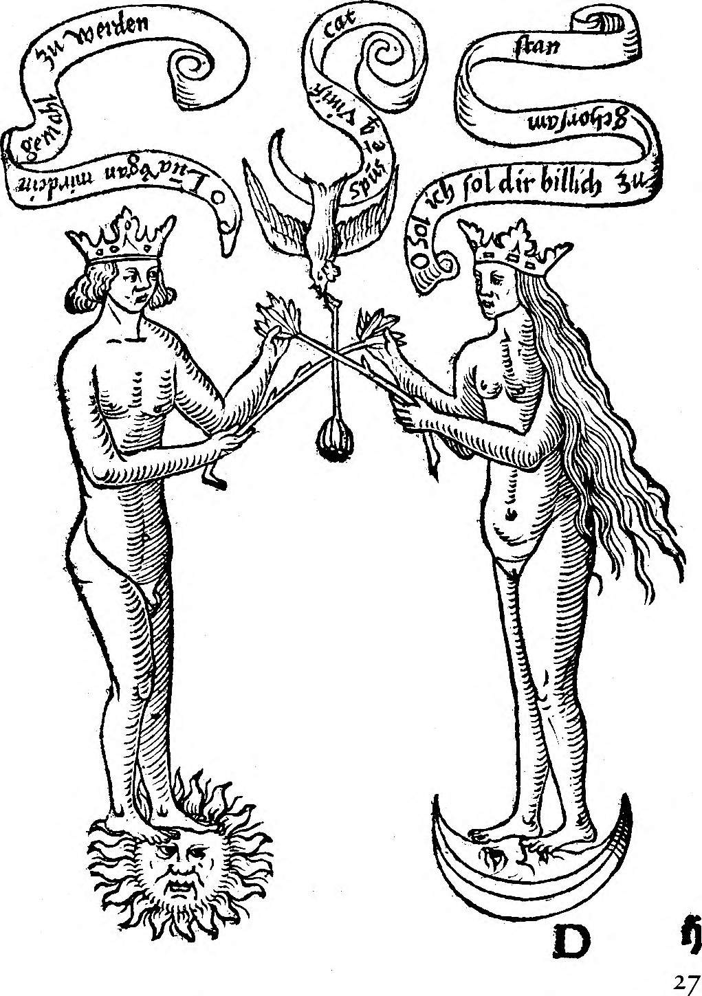 El rey y la reina desnudos con las flores cruzadas y la paloma; él sobre el sol, ella sobre la luna creciente.