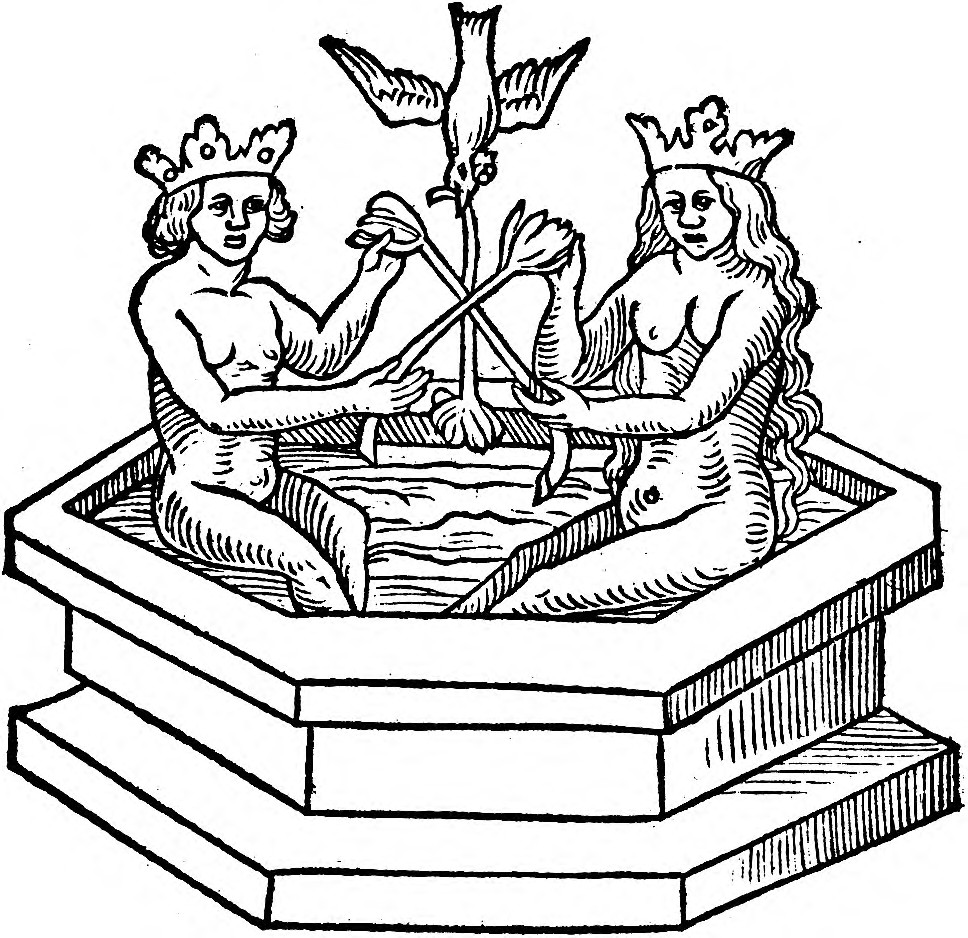 Los dos sentados desnudos en la fuente hexagonal — el baño — con la paloma entre las flores cruzadas.