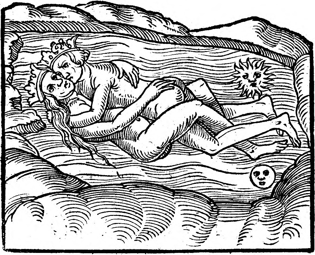 La coniunctio: la pareja coronada unida en las aguas, con el sol y la luna hundidos en el paisaje.