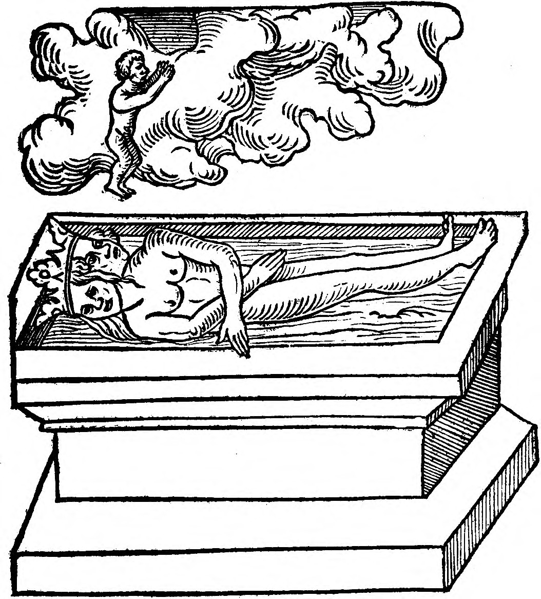 El homúnculo asciende entre las nubes desde el cuerpo bicéfalo del sepulcro: la extracción del alma.