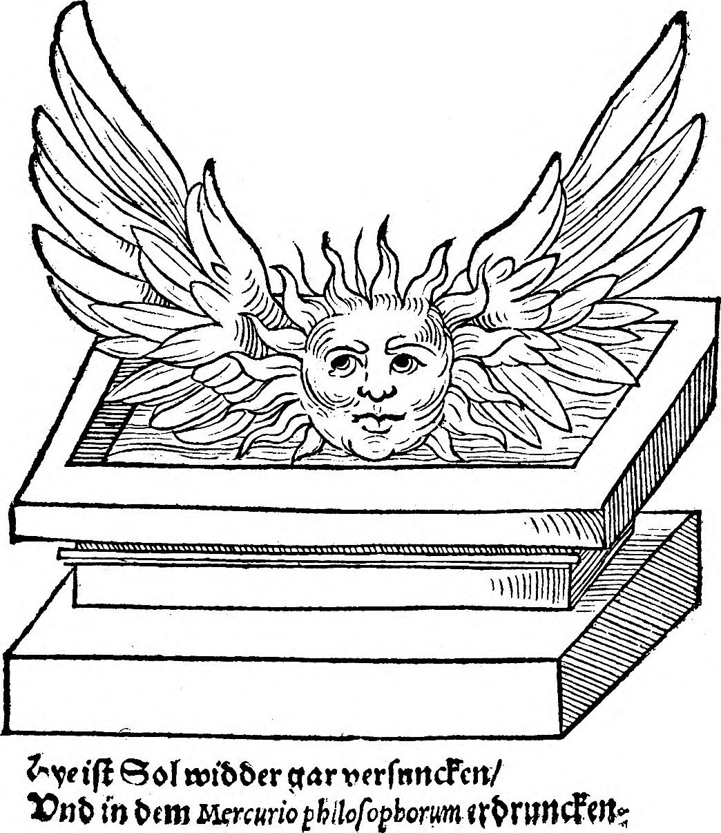 El sol alado hundido en el sepulcro, con la leyenda impresa: «Hye ist Sol widder gar versuncken / Vnd in dem Mercurio philosophorum erdruncken».