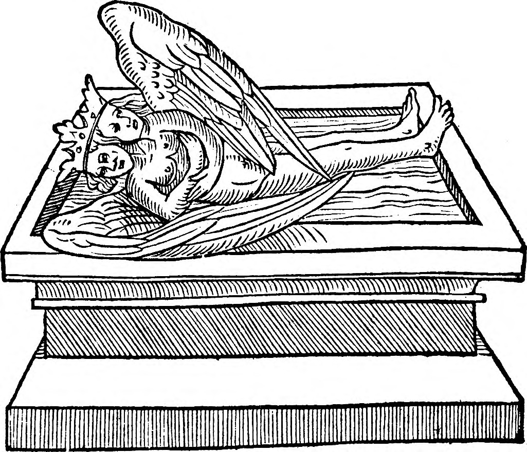 La fecundación en el sepulcro: el cuerpo bicéfalo alado yaciendo bajo el ala extendida.