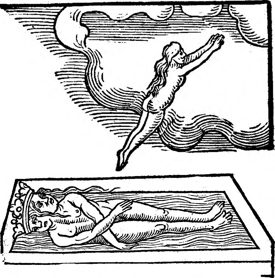 El segundo ascenso del alma: la figura se lanza hacia las nubes con los brazos extendidos, sobre el cuerpo bicéfalo coronado que yace en el lecho de aguas. Impresa en dos tacos apilados (nubes arriba, sepulcro abajo).