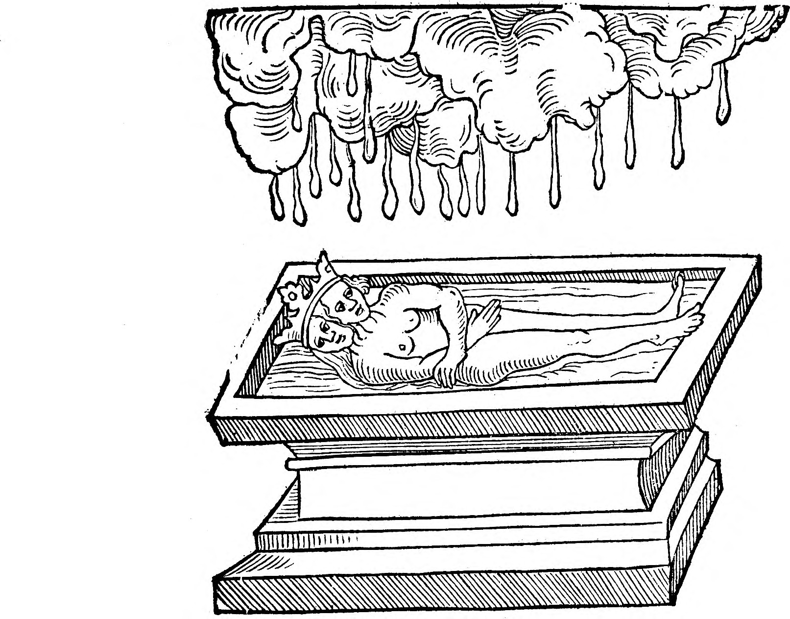 El segundo rocío: las gotas caen de las nubes sobre el cuerpo bicéfalo del sepulcro.