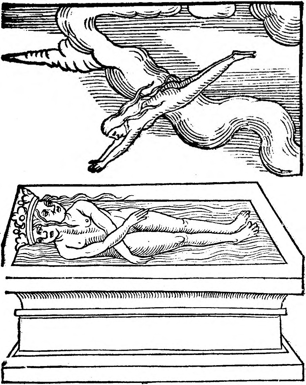 El segundo retorno del alma: la figura desciende en picada desde las nubes hacia el cuerpo bicéfalo coronado que yace en el sarcófago sobre su pedestal. Impresa en dos tacos apilados (nubes arriba, sepulcro abajo).