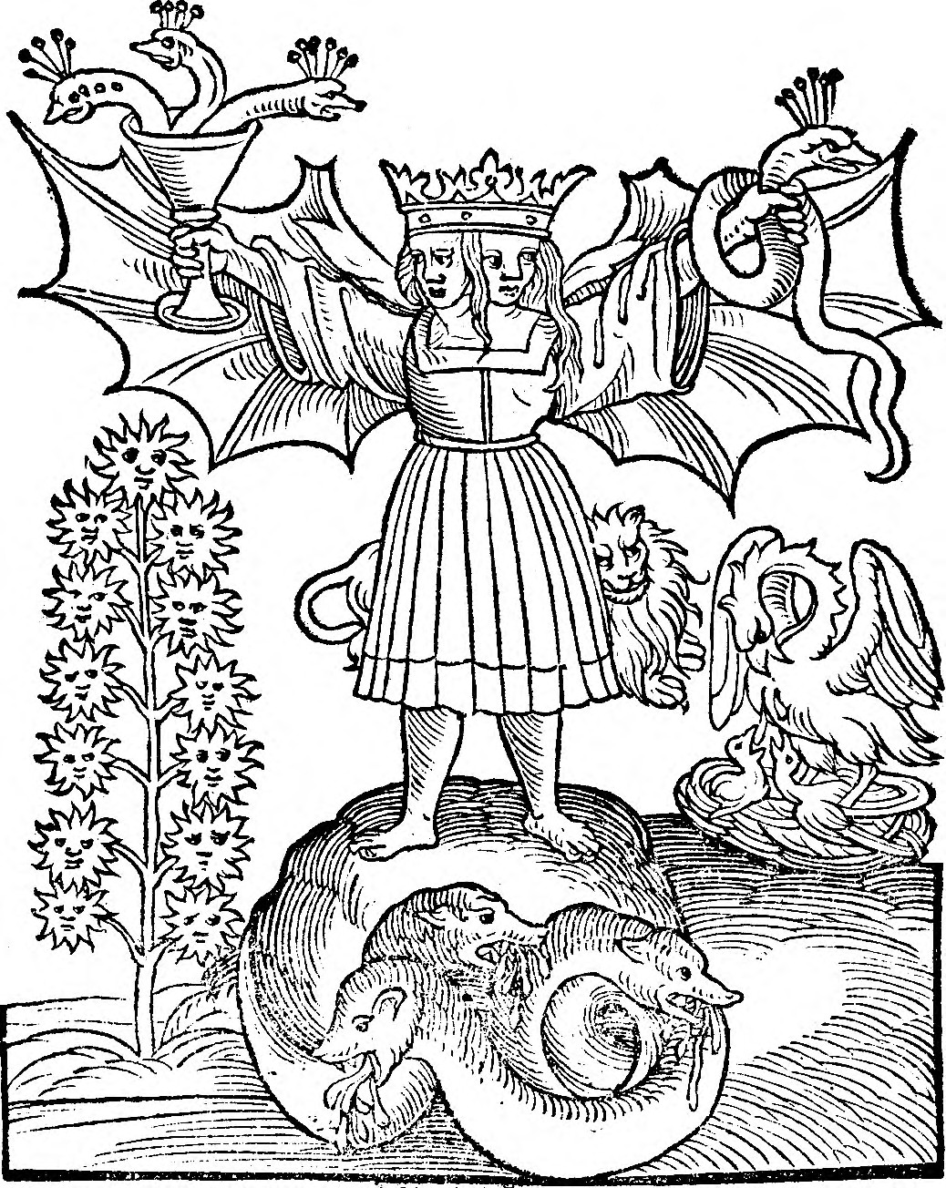 El Rebis: el hermafrodita coronado de alas de murciélago sobre el ouroboros triple, con la copa de las tres serpientes, la serpiente en el brazo, el león, el pelícano que se hiere el pecho y el árbol de soles.