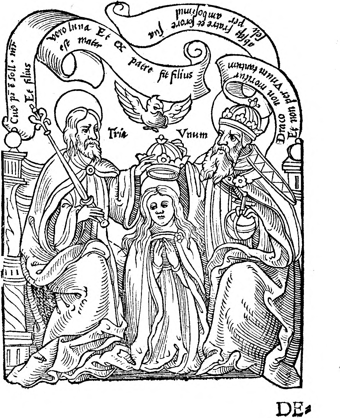 La Coronación de María por la Trinidad, con las filacterias «Tria Vnum» y «Draco non moritur nisi cum fratre et sorore sua».