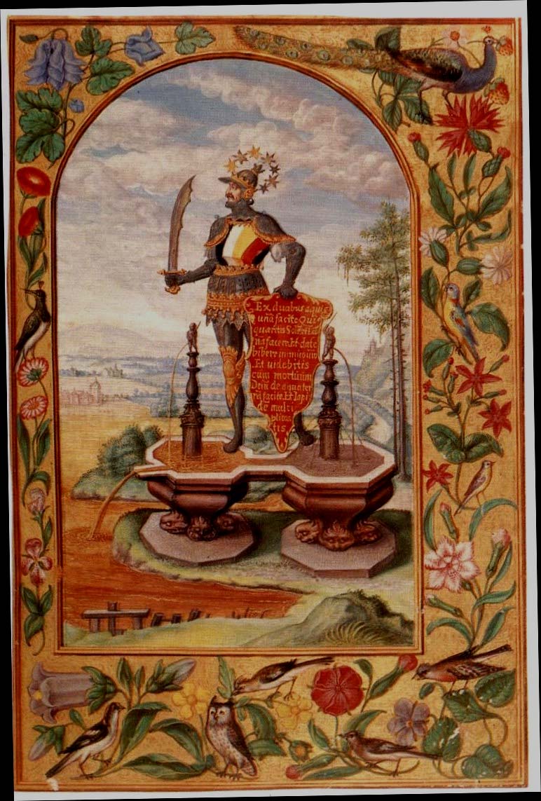 El caballero armado con espada y estandarte que lleva un texto alquímico en latín.