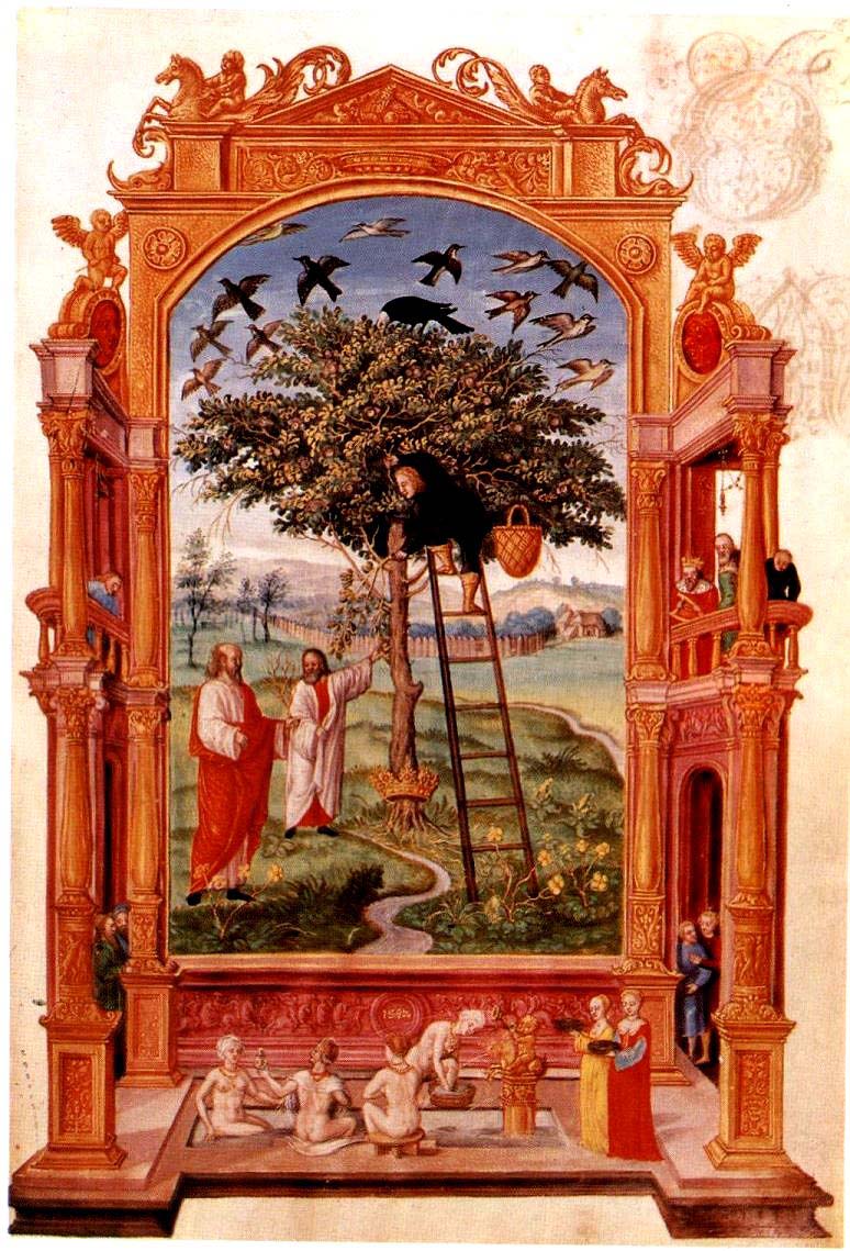 El árbol dorado con la escalera; cuatro mujeres bañándose con collares de oro.
