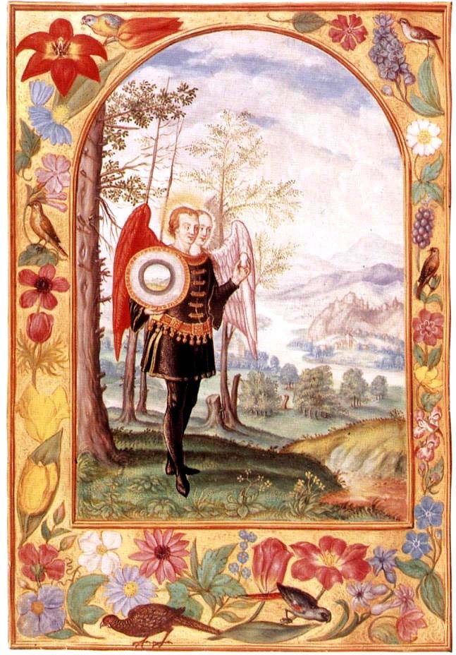 La figura bicéfala con el huevo dorado y el escudo, bajo la estrella plateada sobre la corona.