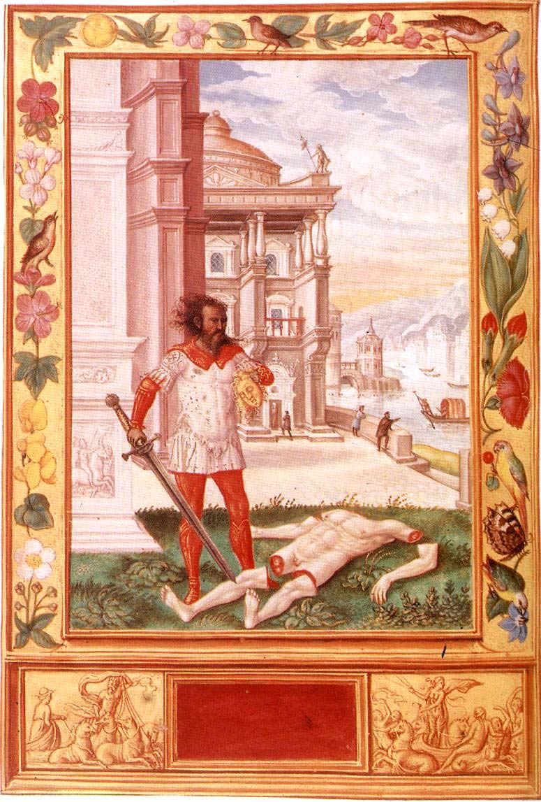 El villano feroz con cabeza de cadáver; el rey conduciendo caballos de río; arquitectura veneciana.