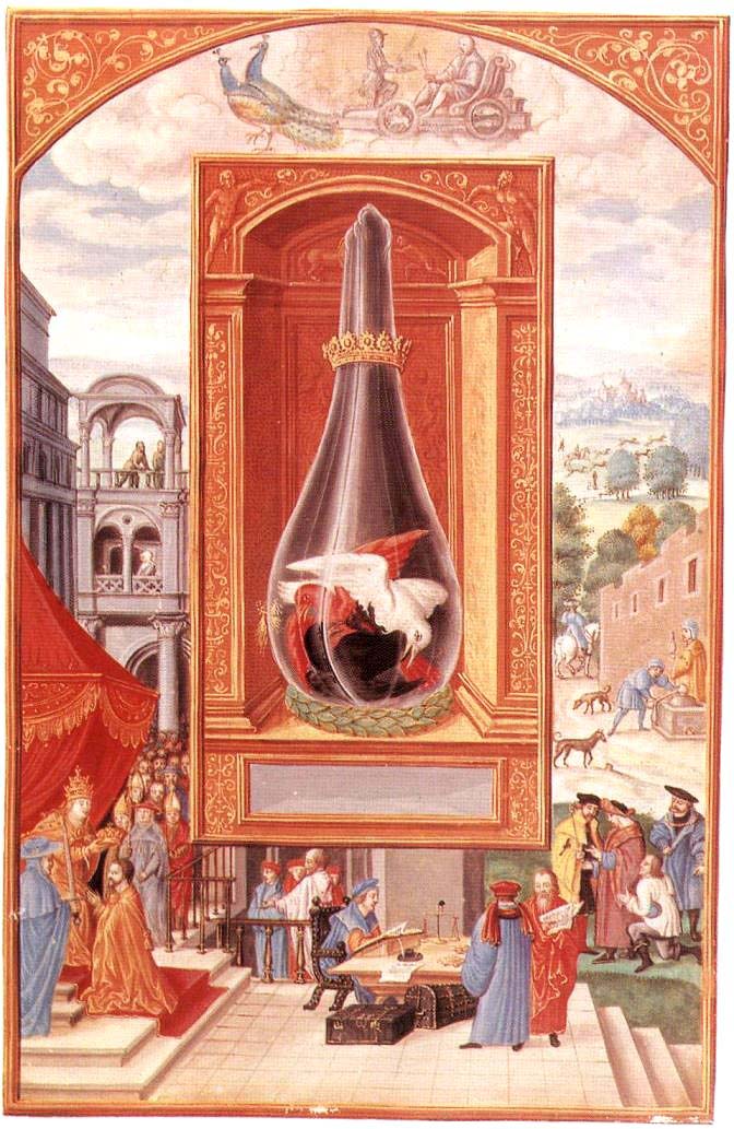 Las tres palomas de colores dentro del cucúrbita; la escalinata, la mesa con balanzas y libros.
