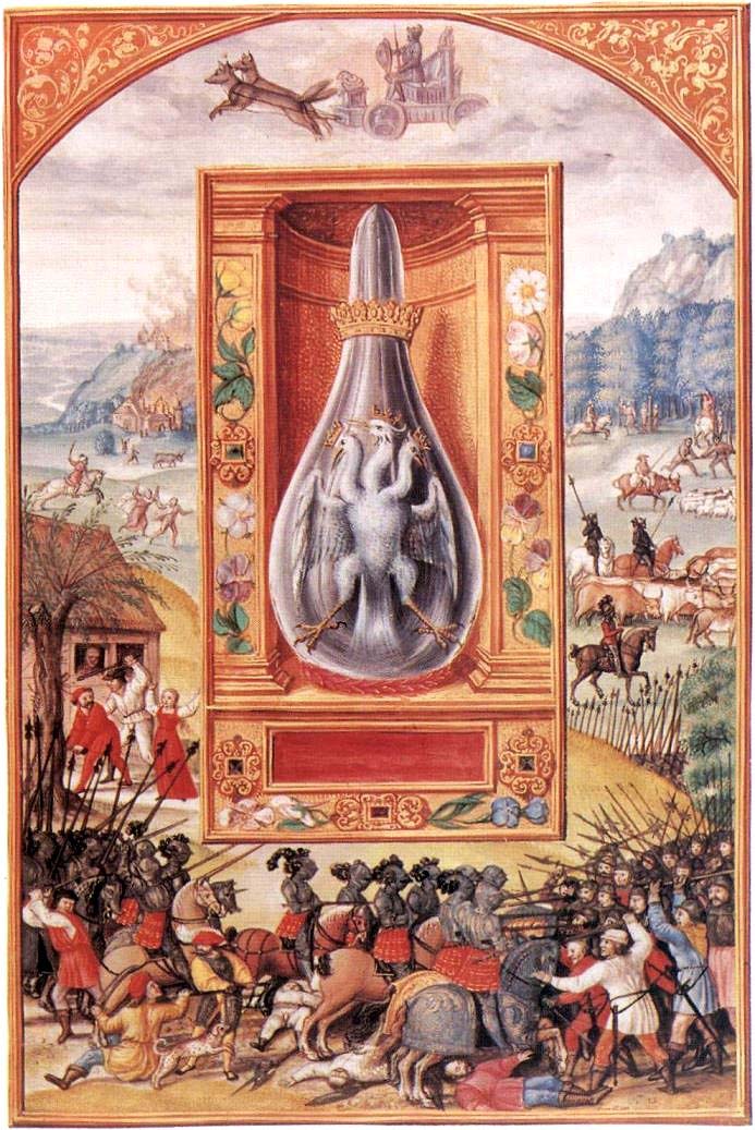 La coronación del Papa entre cardenales; el carro con Sagitario y Piscis; Marte con la serpiente.