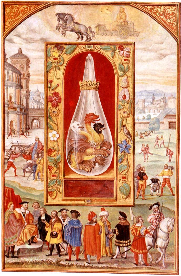 El rey bajo corona con Leo; el dragón de tres cabezas — blanca, roja y negra — y el carro tirado por zorros.