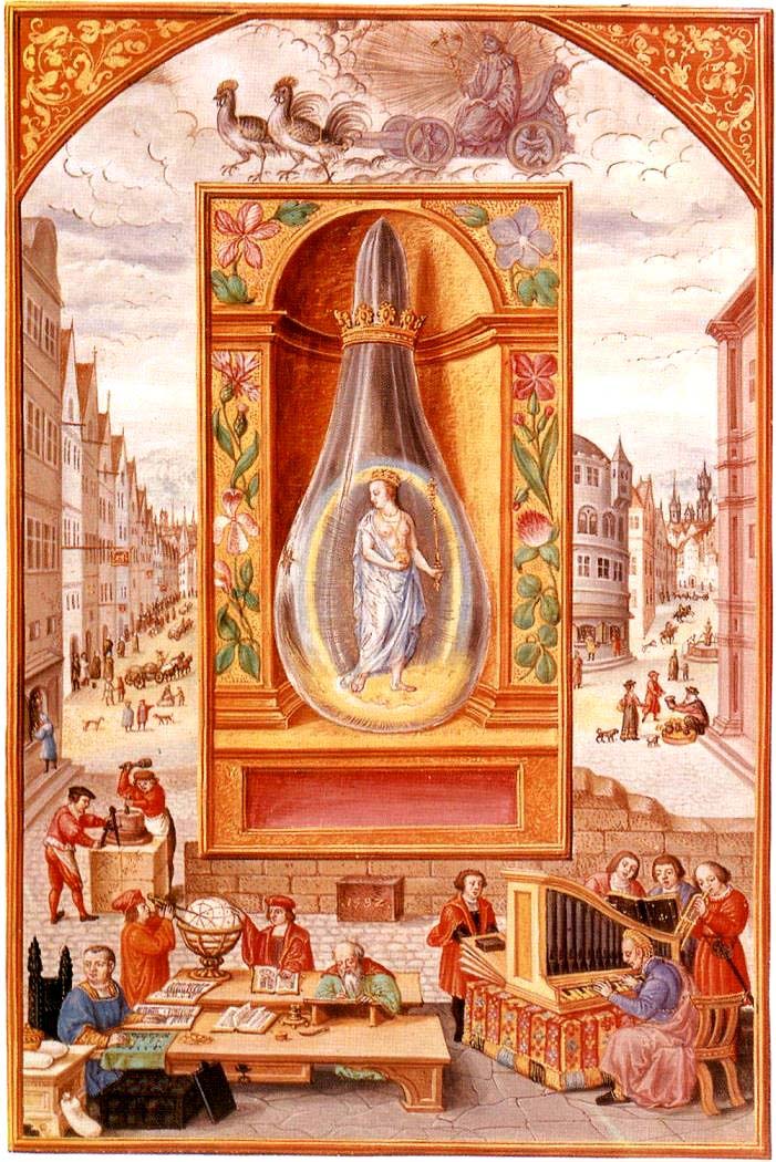 La dama con arco en el carro tirado por dos palomas; Aries y Libra; Venus, Cupido y el corazón flechado.