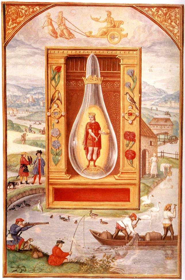 La figura con el caduceo en el carro tirado por gallos; Géminis y Virgo; filósofos, organista y escultores.