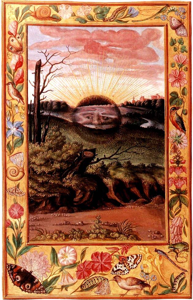 El paisaje sombrío con el sol negro a medio emerger, que oculta al sol verdadero.