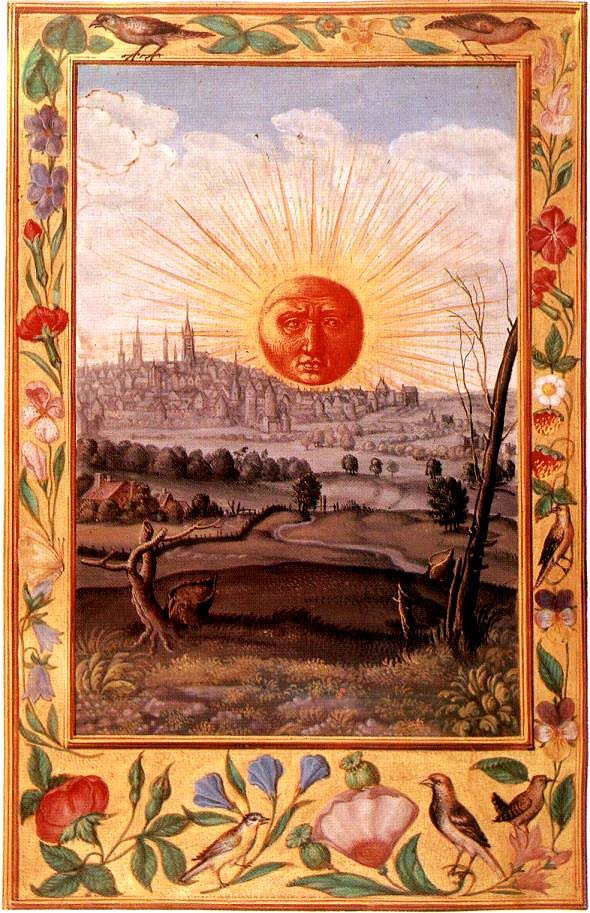 El sol rojo-dorado, serio y penetrante, sobre el paisaje nocturno con la ciudad bajo su mentón.